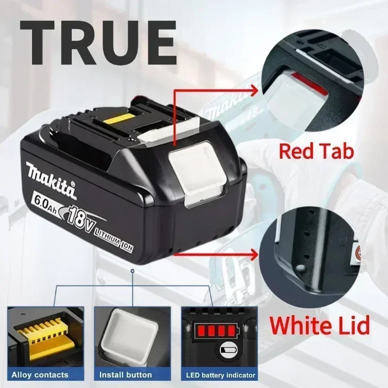 Batteria per utensili Makita 18V 100% originale, 6.0Ah, potenza stabile, per utensili elettrici della serie Makita 18V LXT, sostituisce la batteria originale.