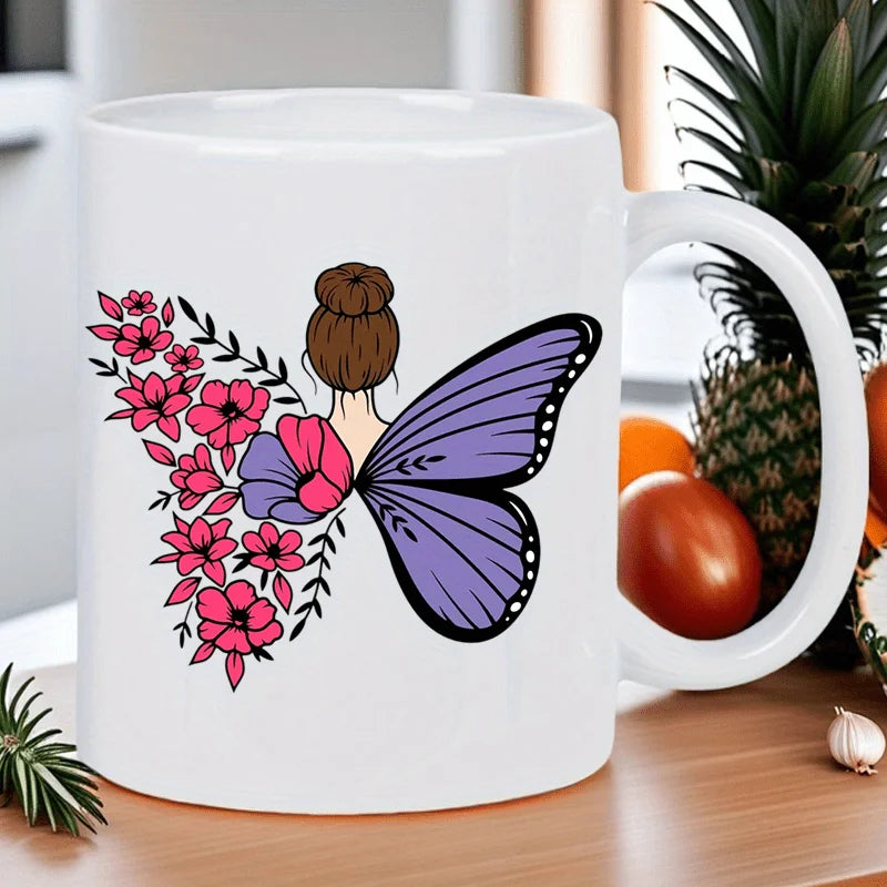 Tazza bianca in ceramica con farfalle e fiori - Perfetta per caffè mattutino, tè o cioccolata calda - Regalo unico per farfalla