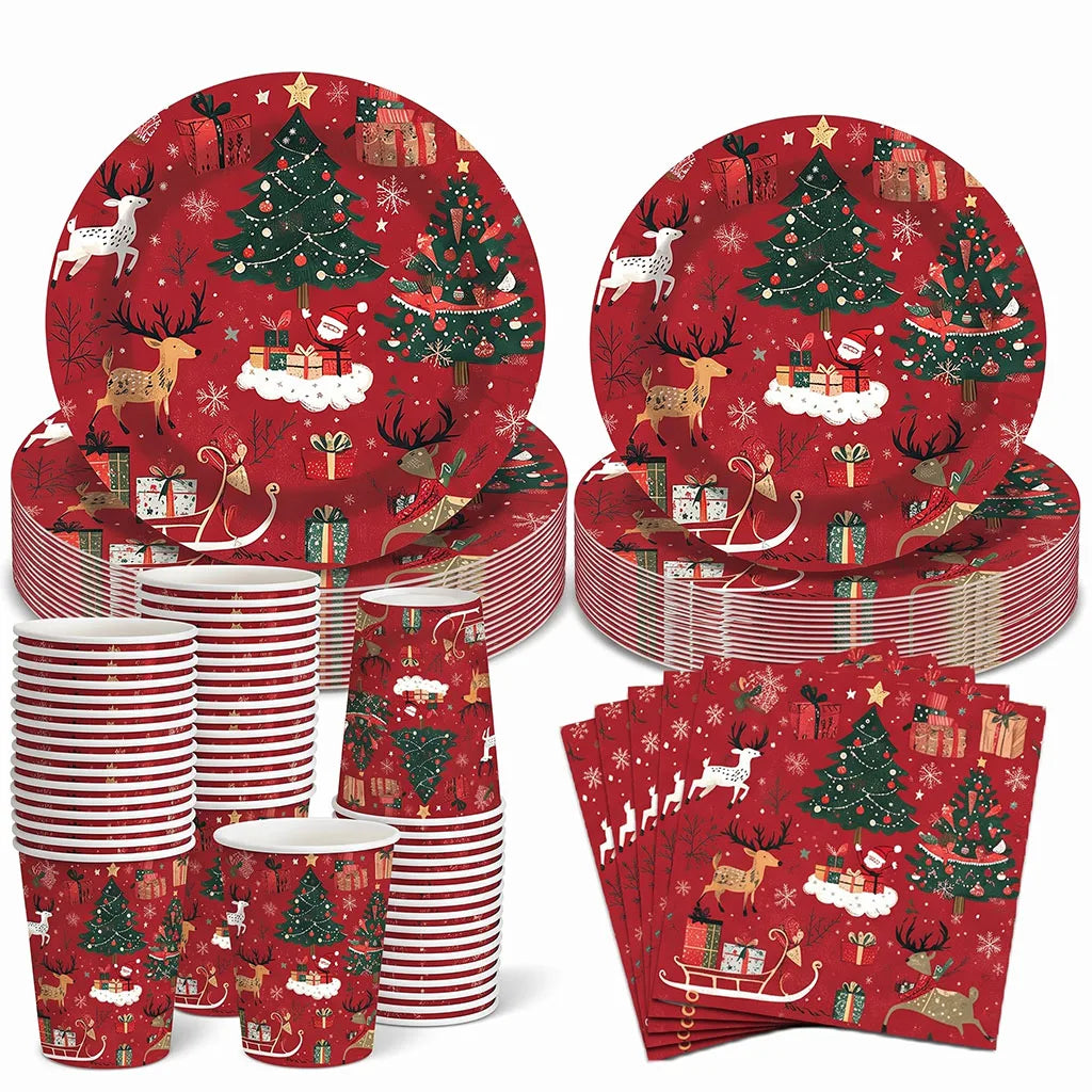 Set di stoviglie per feste a tema natalizio, con decorazioni a tema renna e albero, piatti, bicchieri e tovaglioli di carta usa e getta, articoli per le feste di Capodanno.