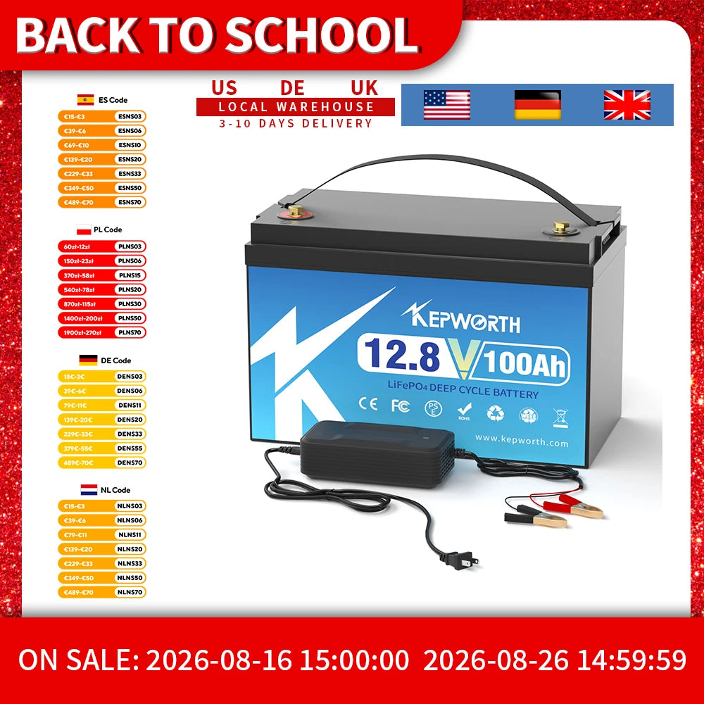 KEPWORTH 12V 100Ah LiFePO4 Batterie Celle di grado A ricaricabili per batterie al litio ferro fosfato di stoccaggio esterno/domestico