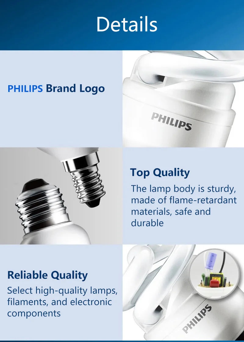 Philips Compact Fluorescent E27 Lampadine a risparmio energetico a luce spirale Serie Tornado 8W 12W 15W 2700K 6500K Lampade a forma di torsione