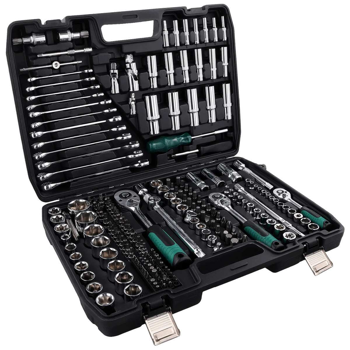 Podofo Set di 216 Pezzi di Utensili Avanzati per Riparazione Auto, Set di Chiavi a Bussola da 1/4", 3/8", 1/2" con Chiave a Cricchetto a 24 Denti, Chiave a Cricchetto Ergonomica, Set di Utensili per Meccanici per Riparazione