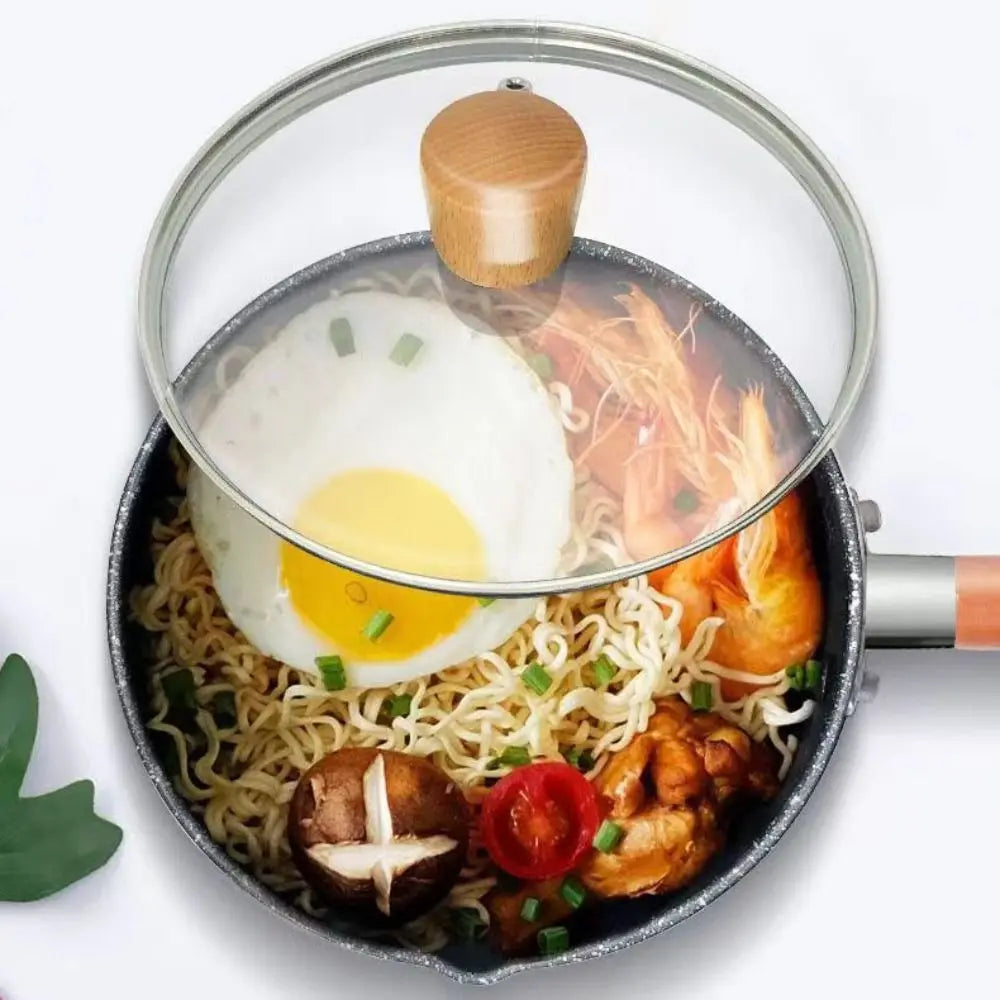 Pentola per il latte antiaderente Manico in legno Pentola per zuppa universale in stile giapponese con coperchio e beccuccio versatore Pentola per alimenti per bambini