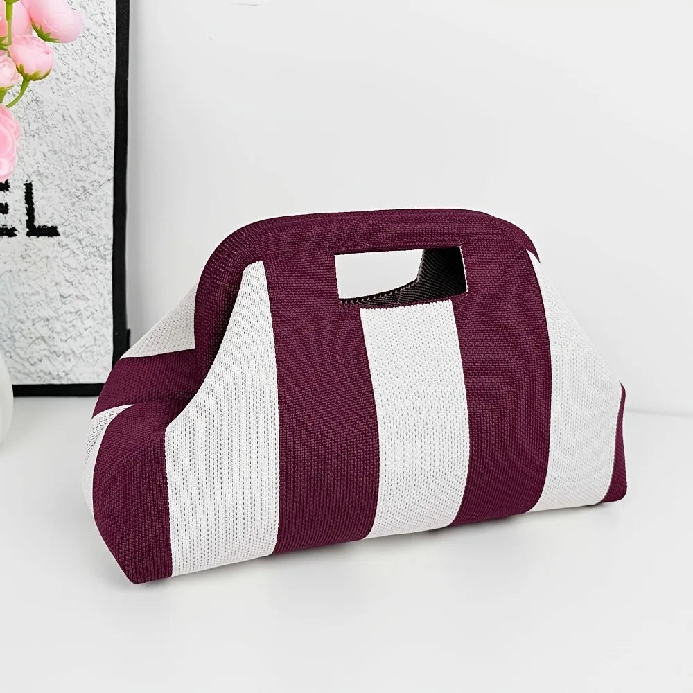 Nuova borsa intrecciata traforata a righe, borsa a mano in maglia, versatile borsa portatile per cosmetici