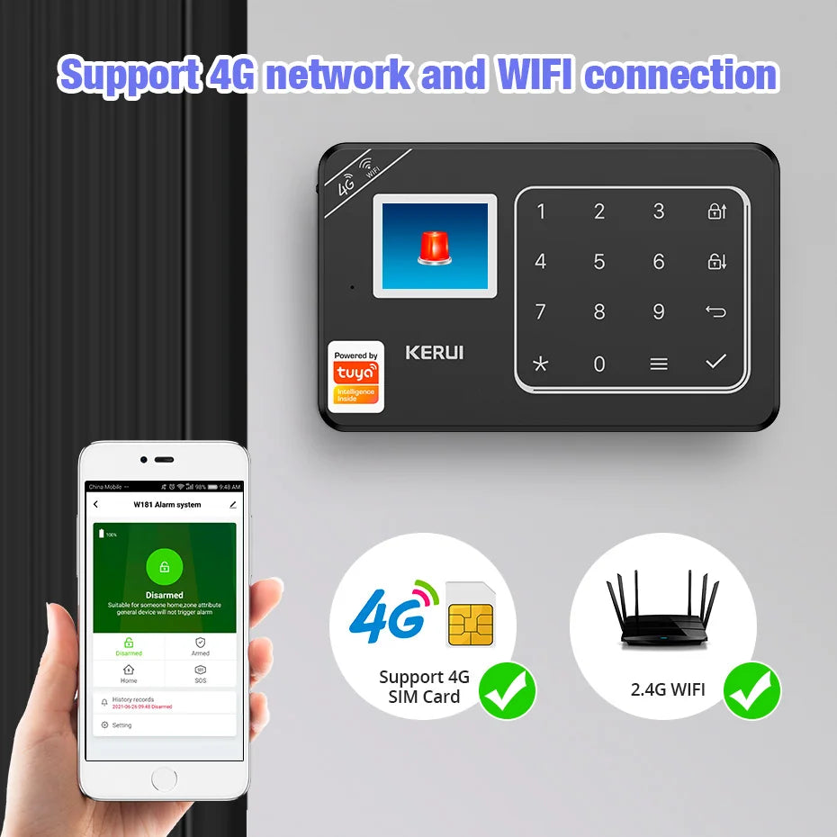 Sistema di Allarme Domestico KERUI WIFI 4G GSM Compatibile con App Tuya Smart Life, Alexa e Google, Sicurezza Wireless per Casa 433MHz