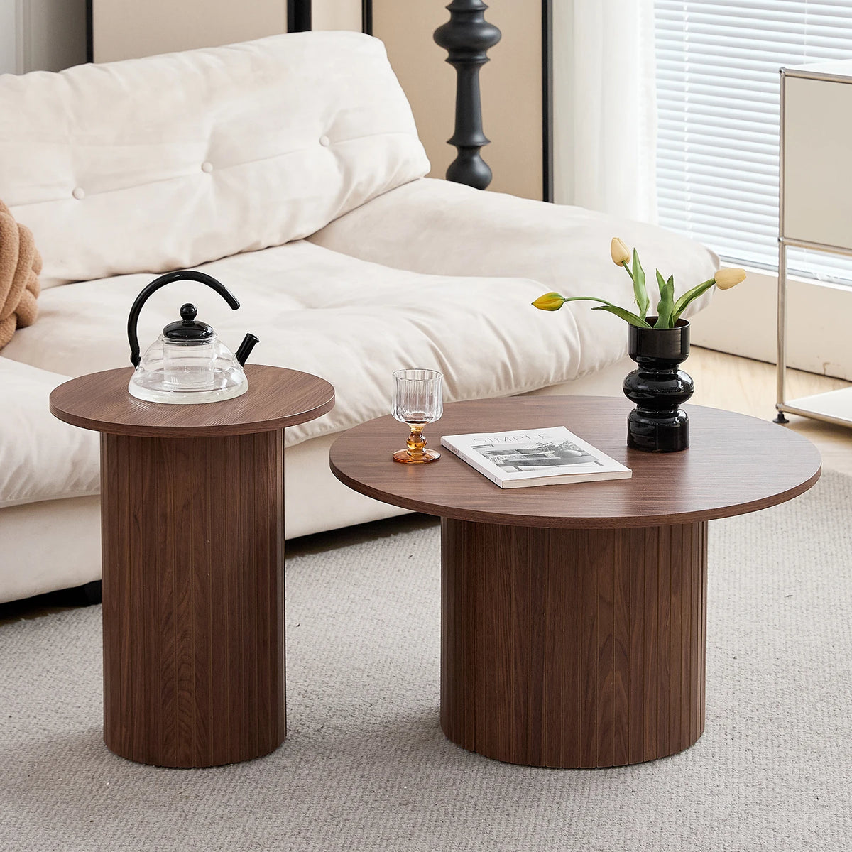 Set di 2 tavolini rotondi in legno in stile nordico, tavolino da caffè impilabile in legno, per mobili da soggiorno/camera da letto