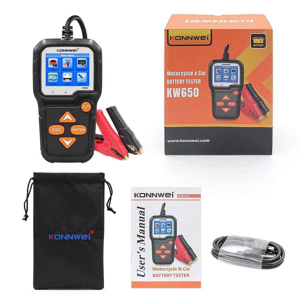 KONNWEI KW650 Tester batteria per auto 6V 12V Analizzatore automatico per auto moto da 100 a 2000 CCA Strumento di test di ricarica avviamento per auto Moto