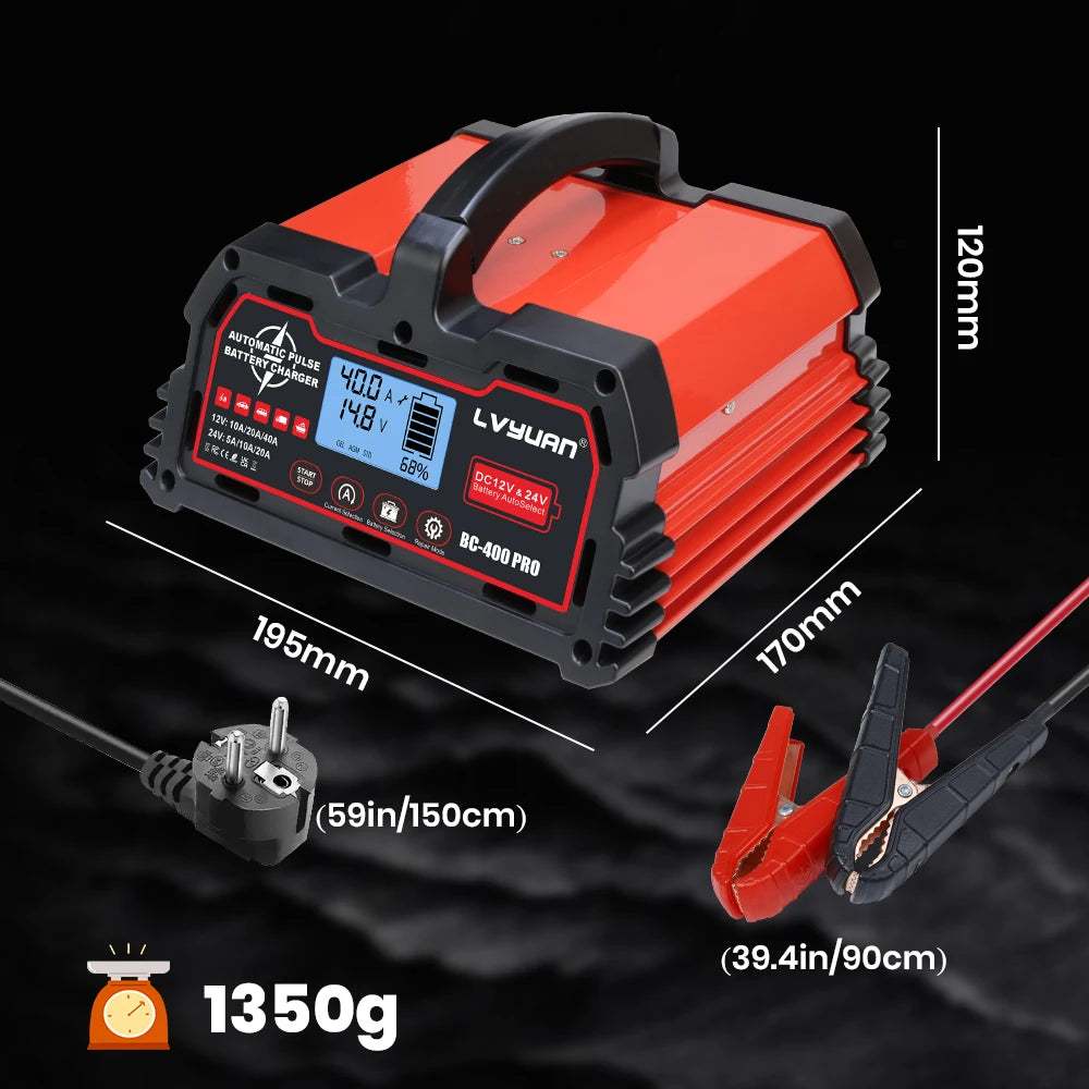 Caricabatterie LVYUAN 20A/25A/30A/40A per Batterie al Piombo-Acido 12V/24V/LiFePO4/AGM/STD/Gel/EFB con Funzione di Riparazione a Impulsi