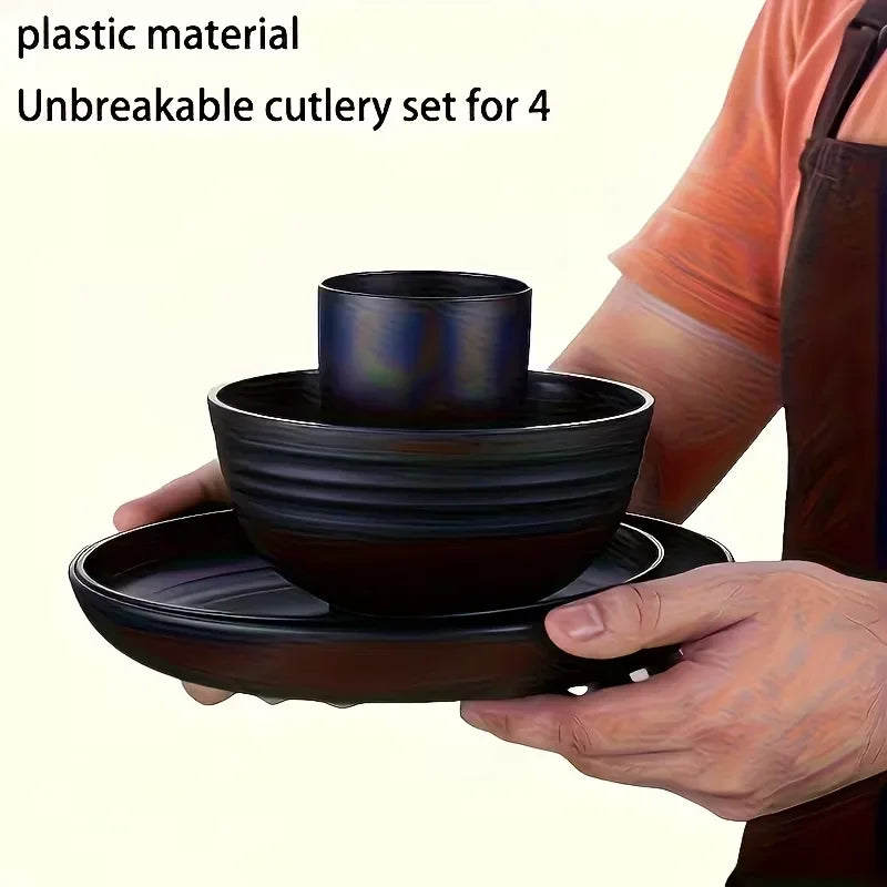 Set di Stoviglie in Plastica da 16/32 Pezzi, Include Piatti Piani, Piattini da Dessert, Ciotole e Tazze, per Uso Domestico e Ristorazione