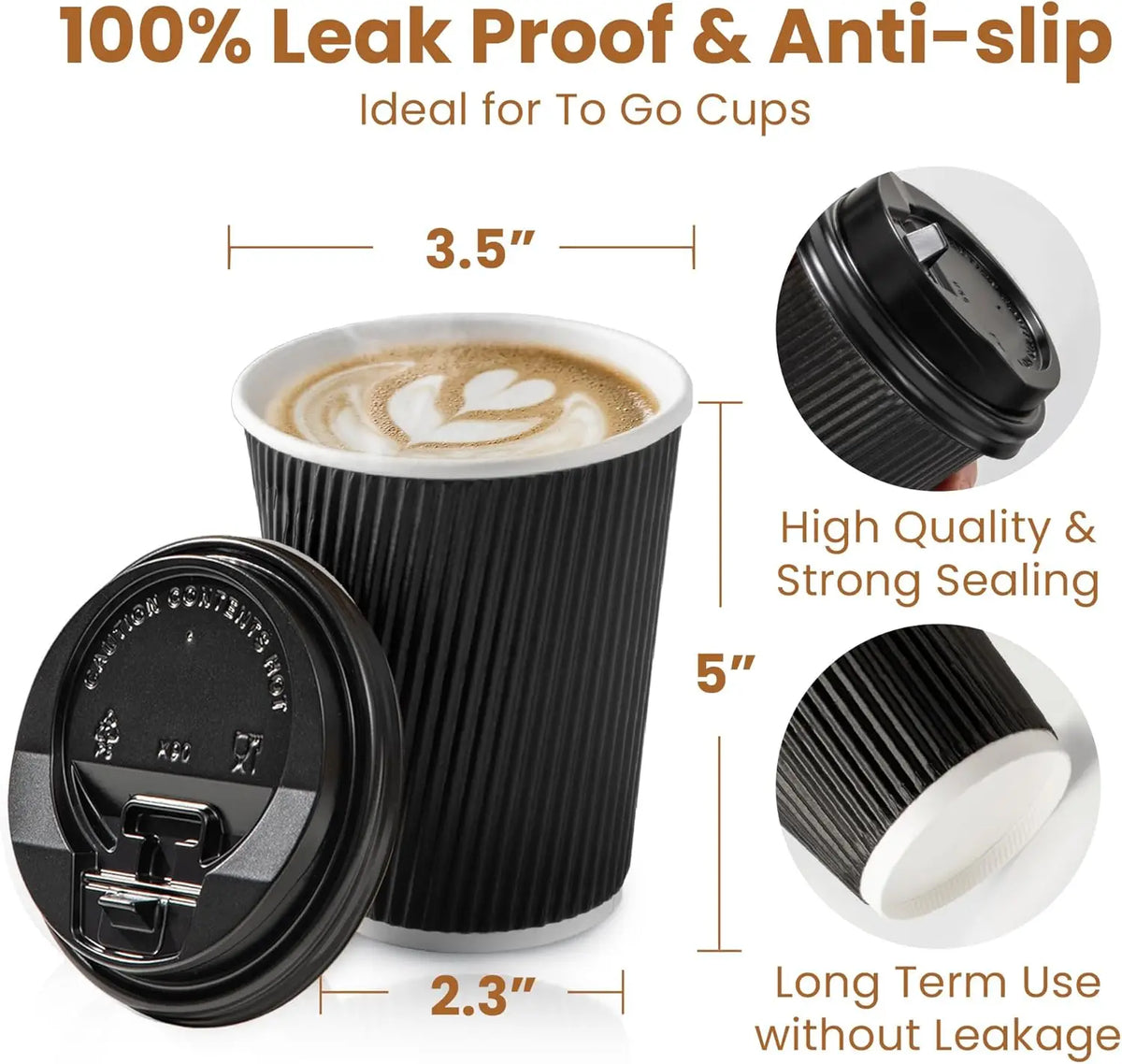 Tazze da caffè usa e getta nere da 12 OZ con coperchi Tazze ondulate a tripla parete per andare a caldo Bicchieri di carta isolati per bevande calde Home Office