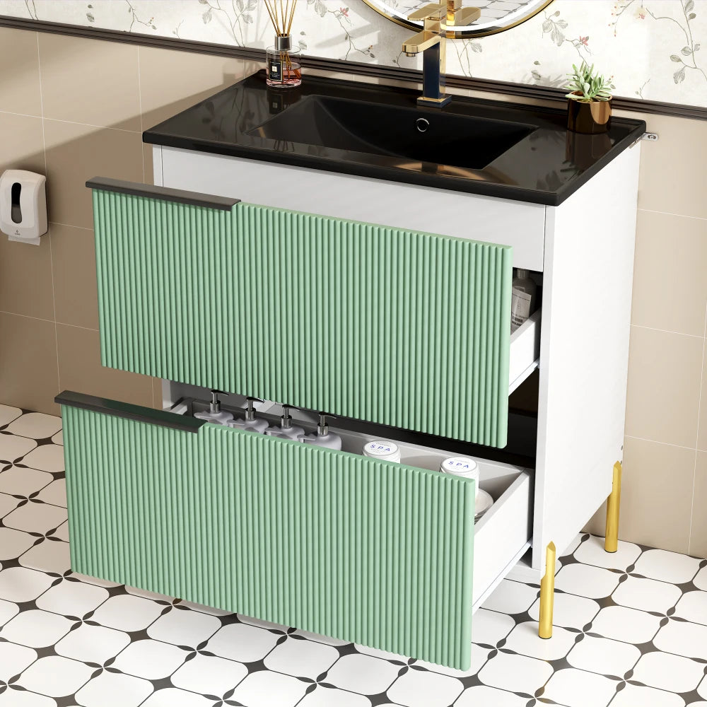Mobiletto per lavabo da bagno con lavabo in ceramica, lavabo singolo con cassetti in MDF, organizer per mobile da bagno in piedi con lavabo