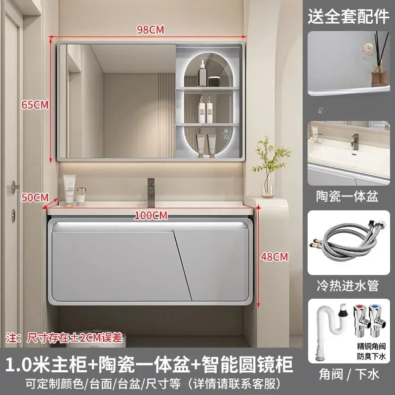 Mobile Bagno Moderno Intelligente con Lavabo Integrato in Ceramica, Armadietti in Rovere, Specchio LED e Mobiletto - Arredamento Bagno
