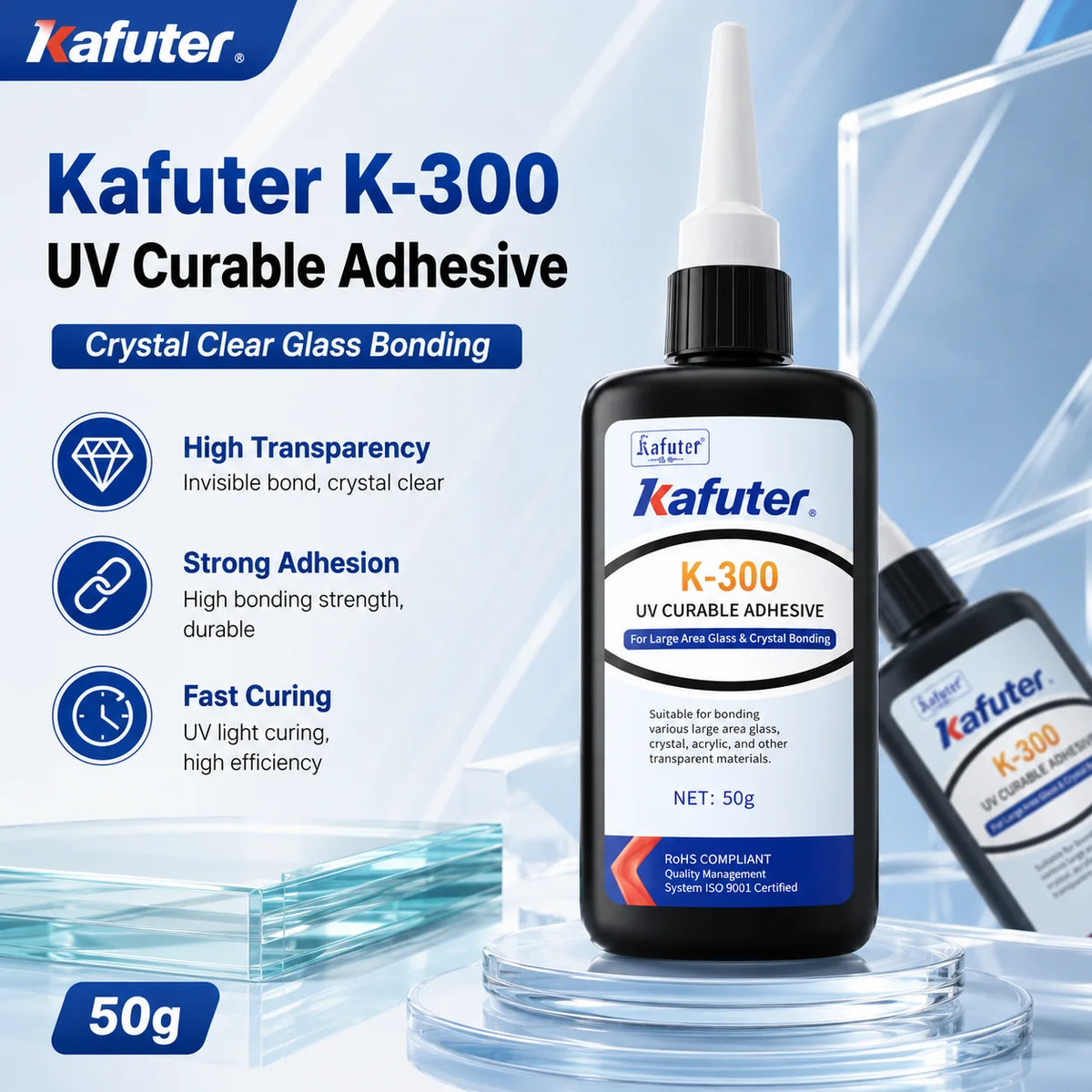Adesivo UV Kafuter K-300 K-302 K-303 K-306, Colla Trasparente per Vetro, Acrilico e Cristallo, per Riparazioni Fai-da-Te, 50g