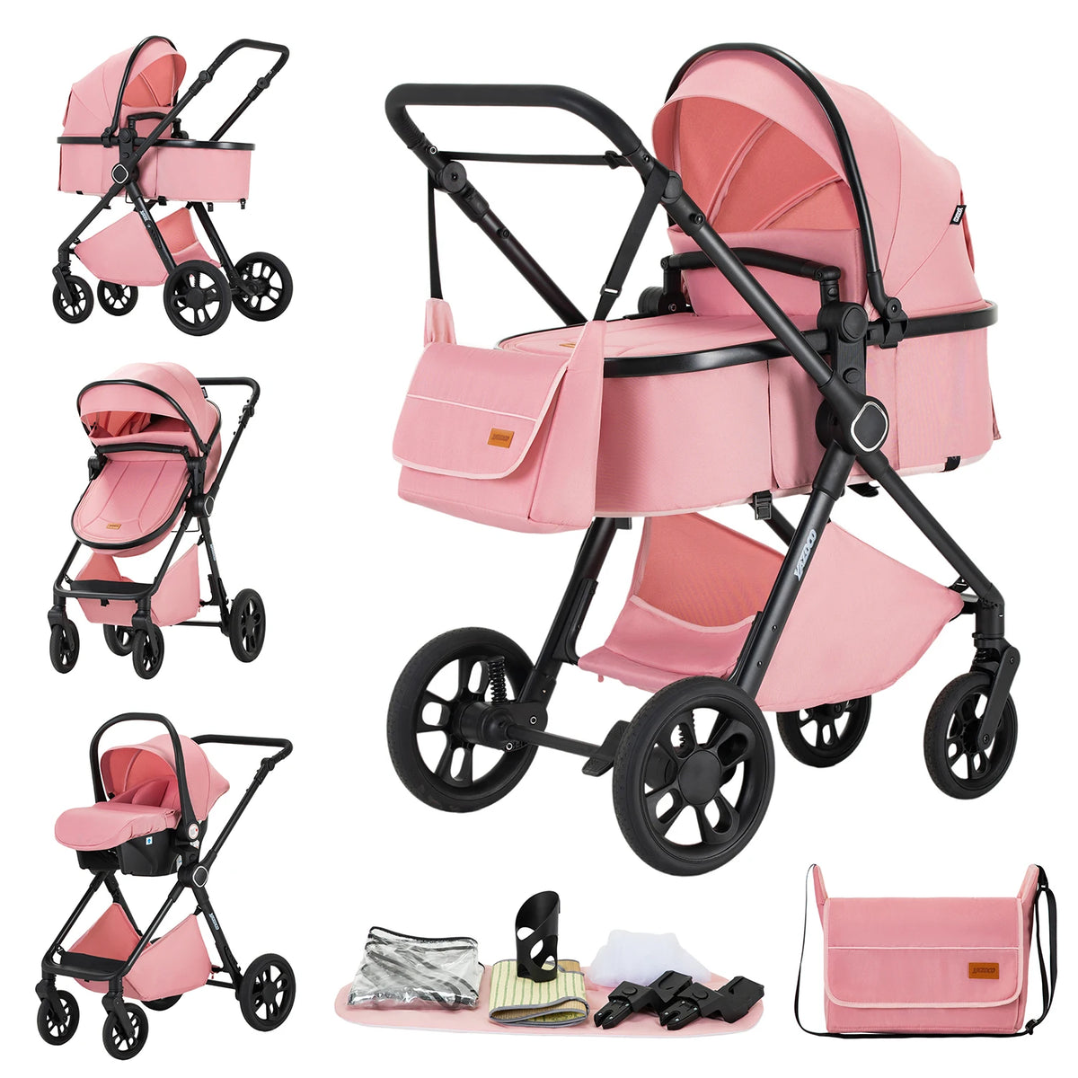 Passeggino 3-in-1 Pieghevole per Neonati con Seggiolino Auto e Culla, Telaio in Alluminio Leggero, Passeggino Estivo Traspirante per Panorami