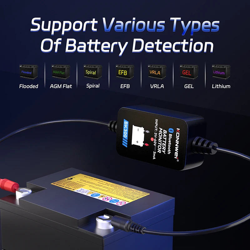 KONNWEI BK300 Tester Bluetooth per Batterie Auto 6V/12V/24V con App Mobile per Auto, Camper, Moto, Camion e Barche