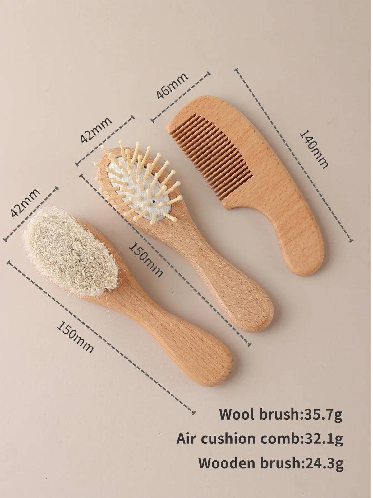 Spazzola per Capelli Neonato con Panda Inciso, in Lana Naturale e Legno, con Cuscino d'Aria, Regalo per Neonato