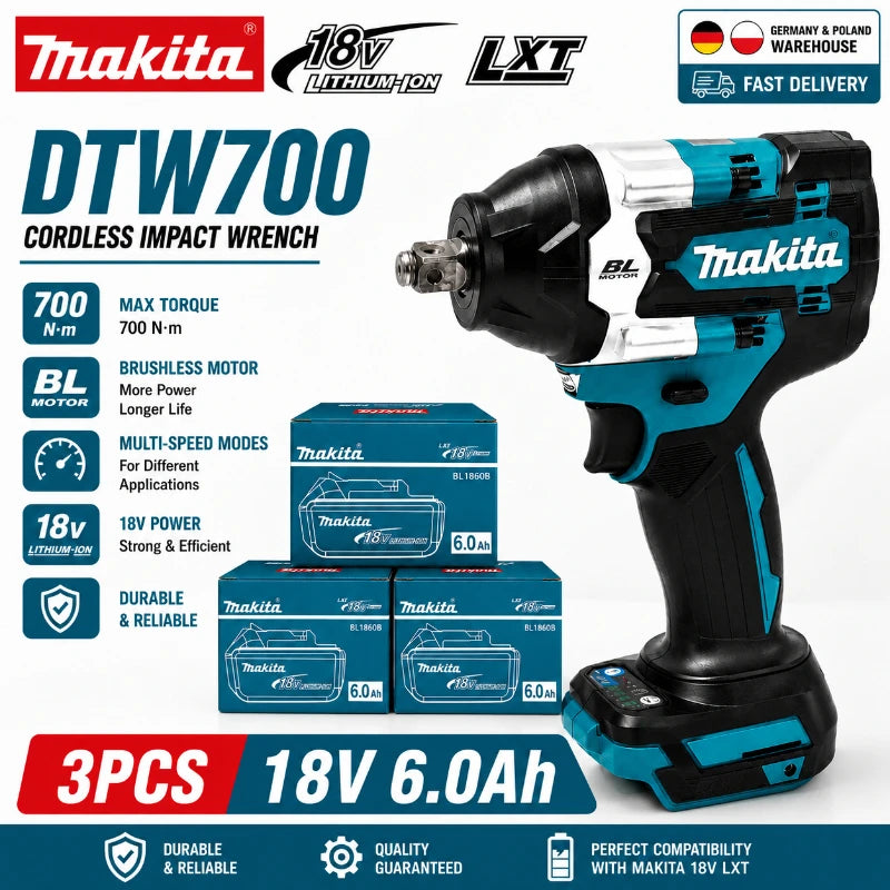 Avvitatore a impulsi Makita DTW700 a batteria 18V Brushless 700Nm, pistola a impulsi elettrica ad alta coppia con attacco da 1/2 pollice, velocità variabile, Auto-Stop per BL1830 BL1840 BL1850 BL1860B, spedizione rapida UE
