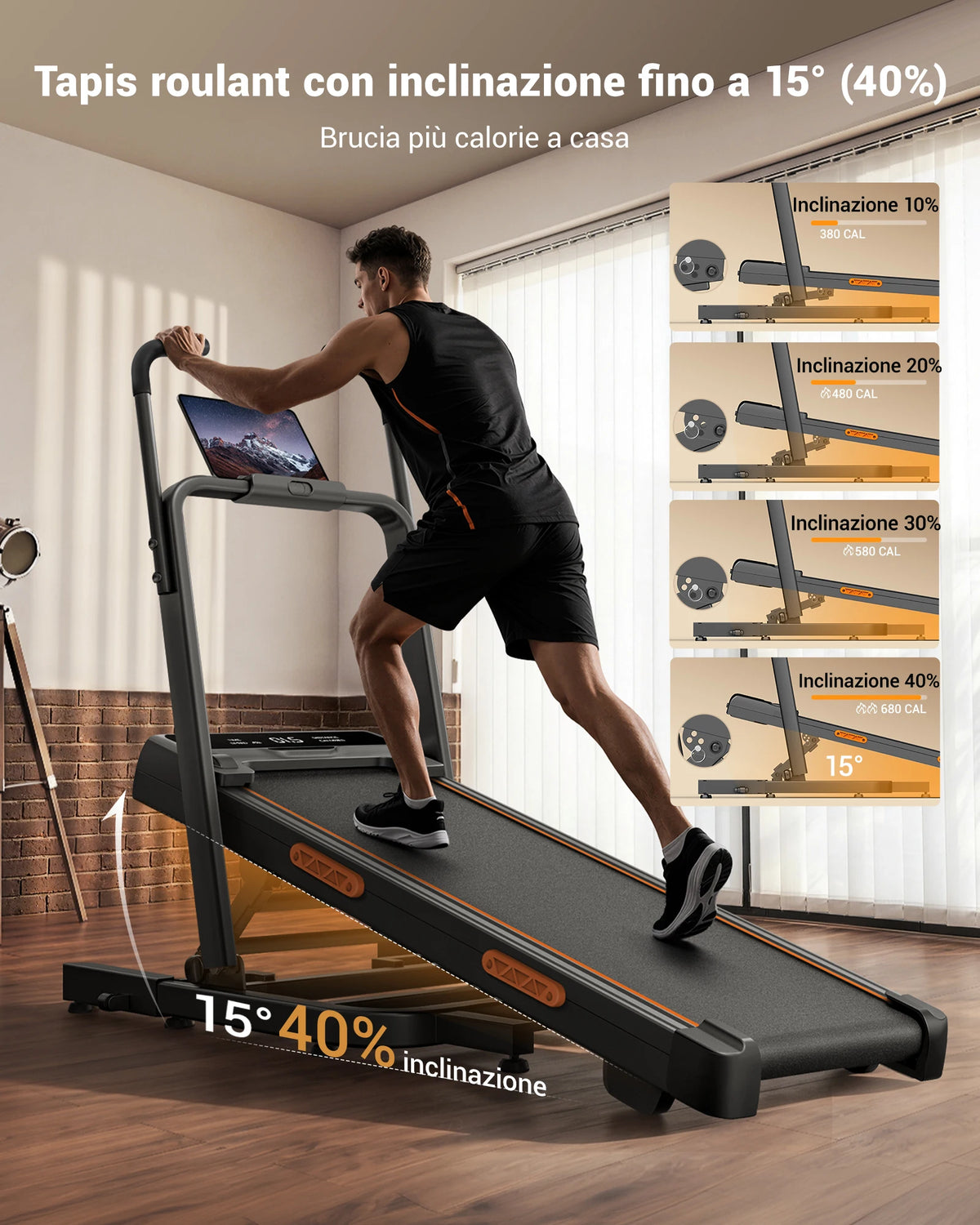 CURSOR FITNESS Tapis Roulant Pieghevole, Inclinazione Automatica 15%, Motore Brushless Silenzioso da 3.0HP, Display LED, Macchina Portatile per Corsa e Camminata Domestica