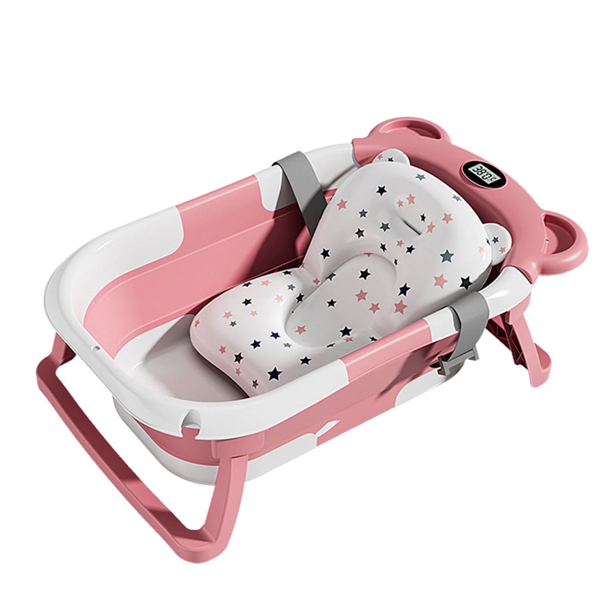 Vasca da Bagno Pieghevole per Neonati con Termometro, Tappetino Antiscivolo, Cuscino di Supporto, Vasca Portatile per Doccia Neonati 0-15M, Piscina da Viaggio
