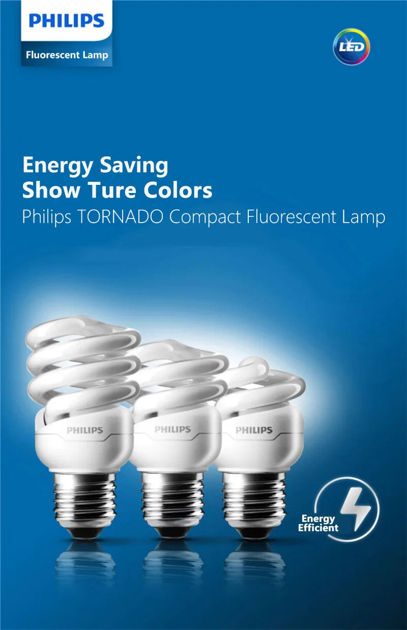 Philips Tornado Vite Edison fluorescente compatta E27 Luce a spirale 8W 12W 15W Lampadina a risparmio energetico 2700K 6500K Lampada a forma di torsione