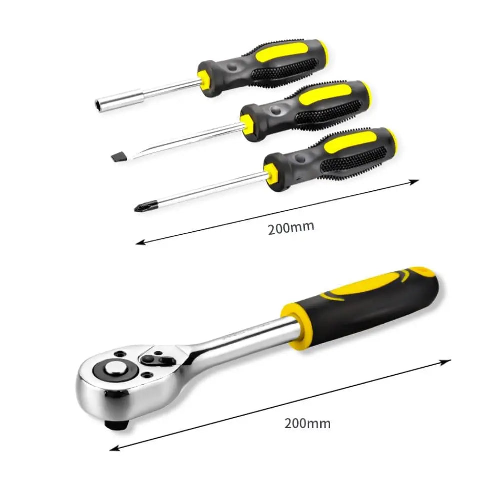 Set di 108 Utensili Manuali per Riparazioni Auto e Casa, Kit con Chiavi a Bussola, Chiavi a Cricchetto, Cacciaviti, Strumenti Portatili per Fai-da-Te con Valigetta