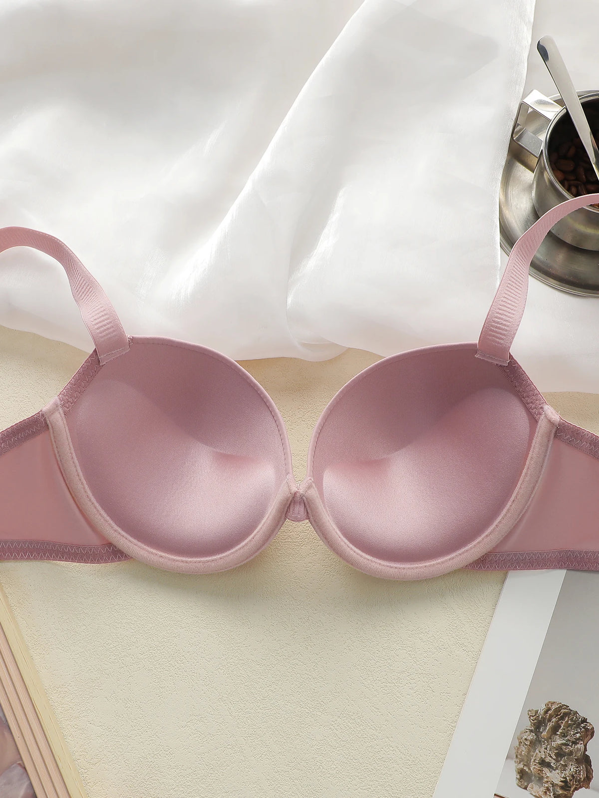 Set da donna rosa Set di lingerie quotidiana in tinta unita, reggiseno push-up, comodo set di lingerie aderente, il seno piccolo appare più grande 2051