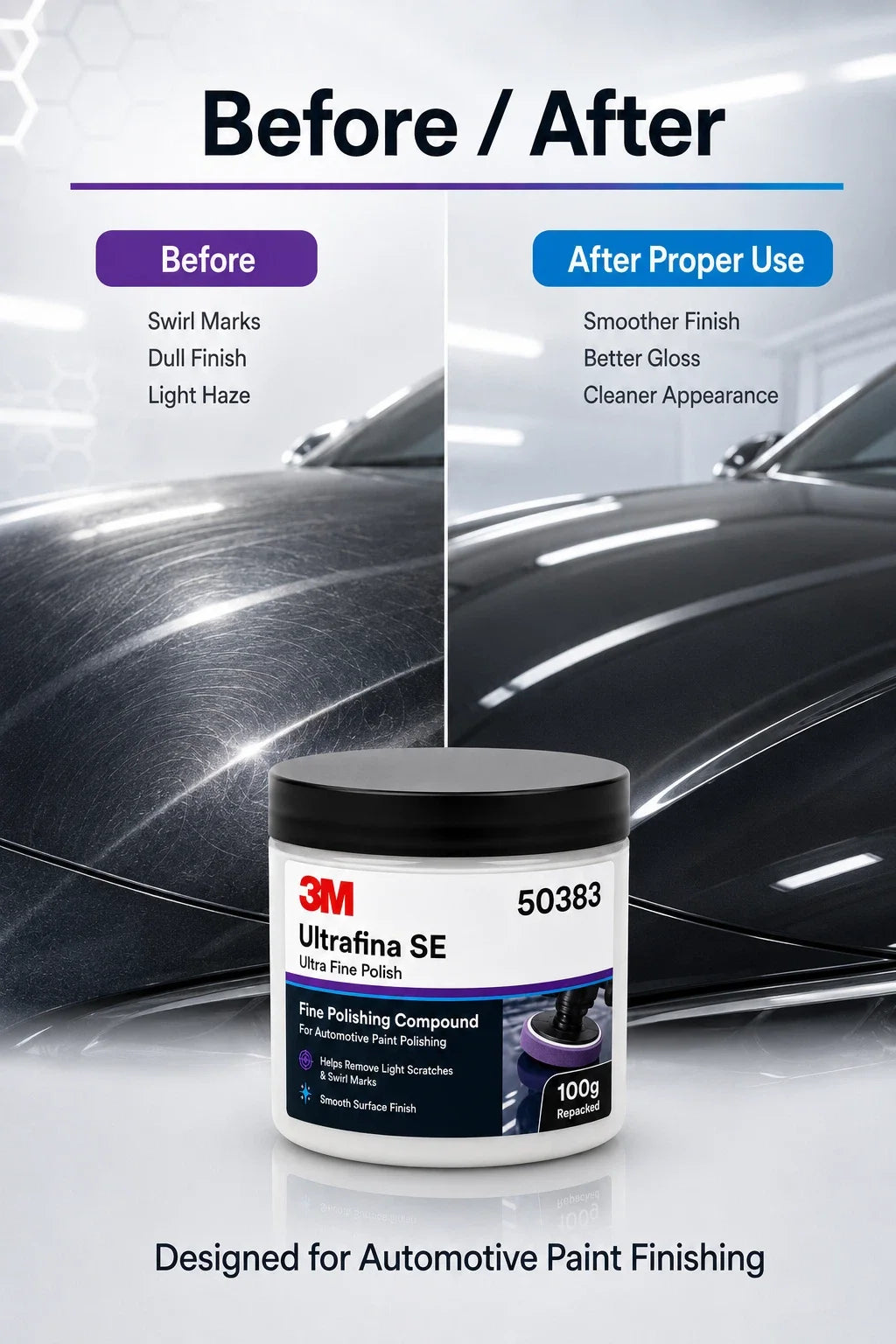 Lucidante Professionale 3M 50383 Ultrafina SE per Vernice Auto, Rimuovi Graffi e Ologrammi, Dettagliatura, Finitura Lucida, 100g Riconfezionato