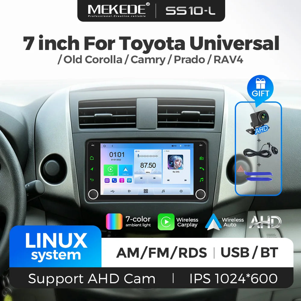 MEKED Autoradio Linux 7 Pollici con CarPlay Wireless e Android Auto per Toyota Yaris Corolla RAV4 Avensis Aygo Prius, Lettore Multimediale Universale 4K con Schermo per Telecamera Posteriore