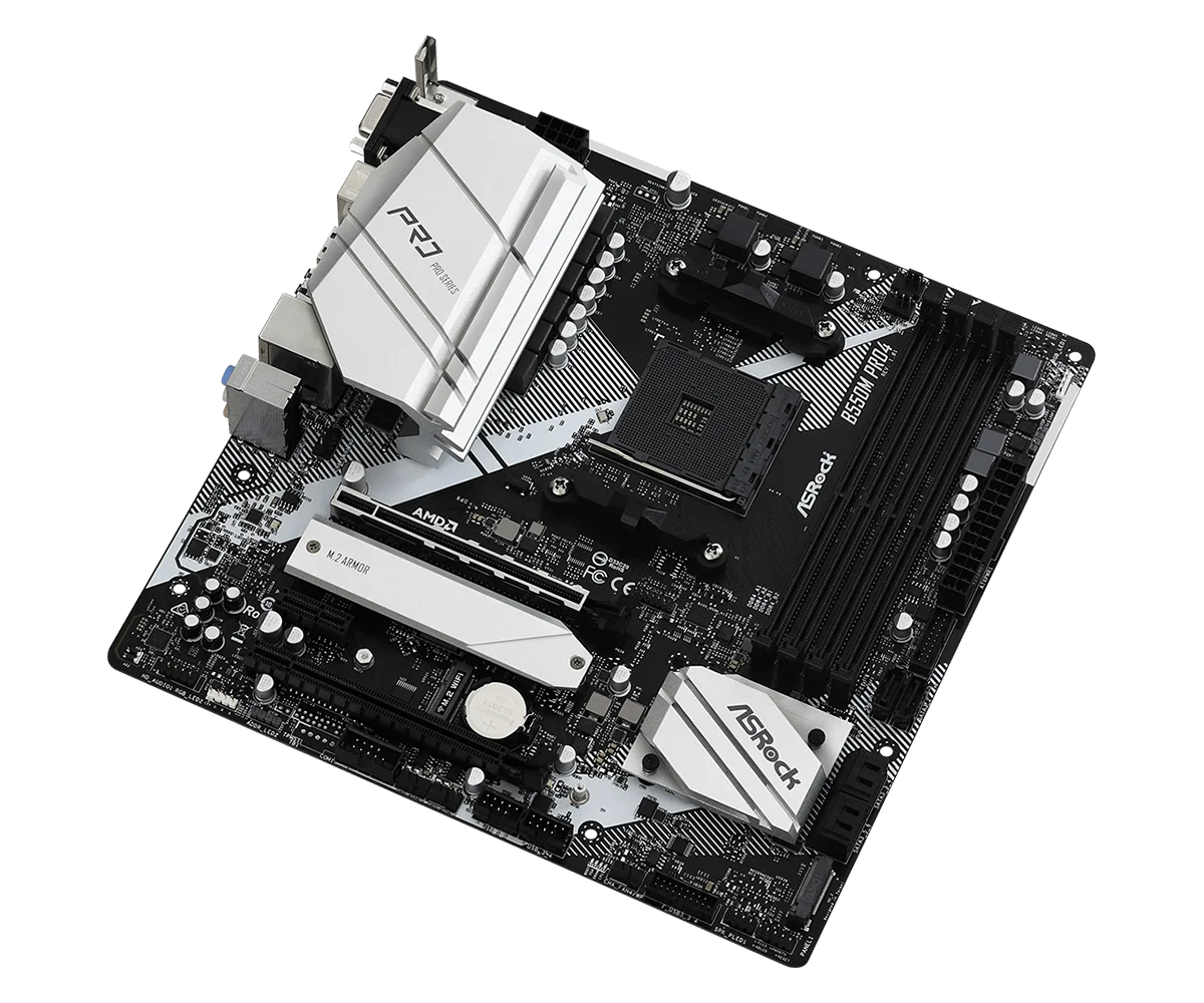 Scheda madre ASRock B550M Pro4, socket AM4, compatibile con processori AMD B550, supporta Ryzen 5 5600, 4500, 3200G, 3600, 5700X, memoria DDR4 fino a 128 GB, SSD NVMe, formato Micro ATX.