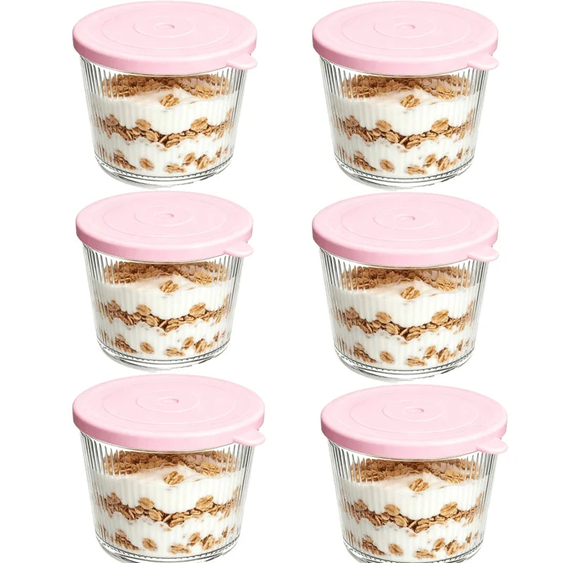 Set di 4/6 Piccole Ciotole in Vetro con Coperchio, Contenitori Impilabili in Vetro Trasparente a Righe per Dessert, Budini, Salse, Salse Piccanti, Noci, Avena, Caramelle, Dolciumi