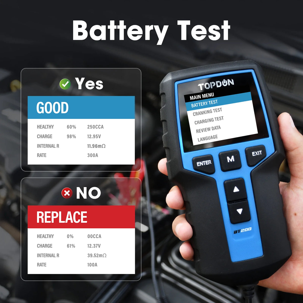 TOPDON BT200 Tester batteria portatile Strumenti di test di avviamento di ricarica per auto 12V Monitor batteria diagnostica automobilistica 100-2000CCA