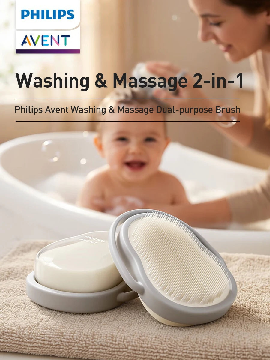 Philips Avent Spazzola per il lavaggio e il massaggio del bambino, doppia funzione, colore grigio nebbia, spazzola da bagno in morbido silicone per bambini da 0 a 12 anni