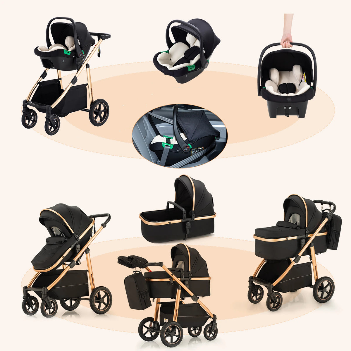 Passeggino 3 in 1 High Landscape per Neonati, Carrozzina Pieghevole Portatile di Lusso con Seggiolino Auto e Navicella da Viaggio