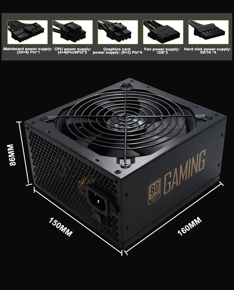 Alimentatore PC ATX Completamente Modulare da 800W, PSU Gaming 80 Plus Gold, Ventola a Bassa Rumorosità da 130mm, Circuiti di Protezione PFC Attivo per Doppia CPU, 110‑230V