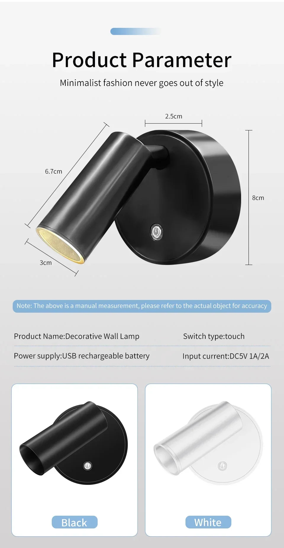 Faretto LED ricaricabile USB Lampada da parete magnetica senza fili Sensore tattile Dimmerabile Faretto per camera da letto per porta dell'armadio a 3 colori