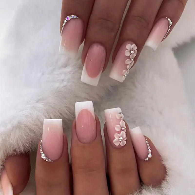 24 pezzi Stampa sulle unghie Design floreale Balletto di media lunghezza Unghie finte Moda Marrone Copertura completa Suggerimenti per manicure Set di unghie finte danneggiabili