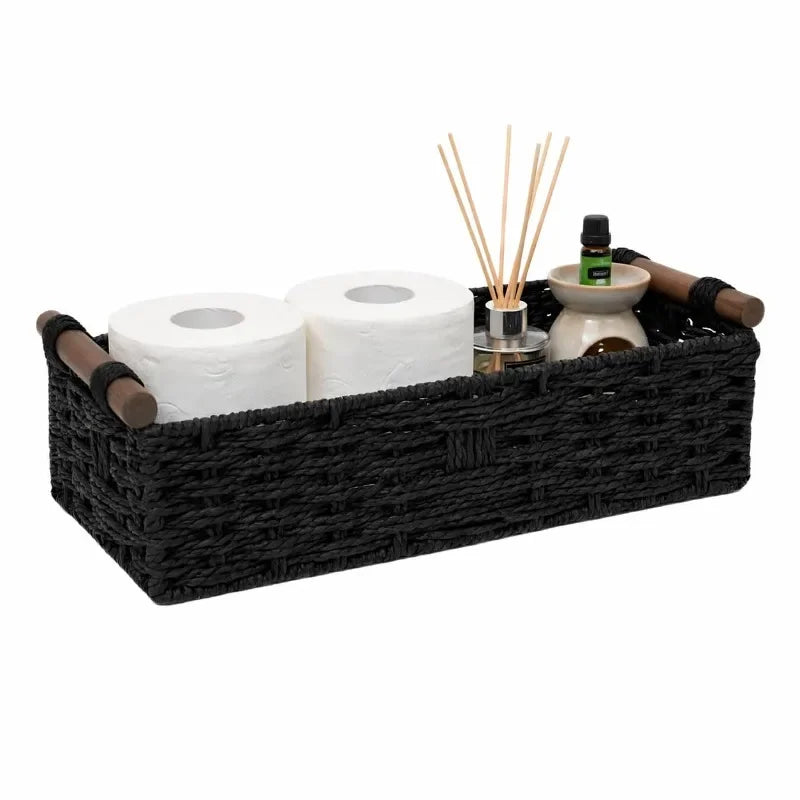 Cesto portaoggetti in legno massello con manico in corda di carta intrecciata in stile forestale, organizer per la cura del bagno e del lavabo, cesti da ripiano