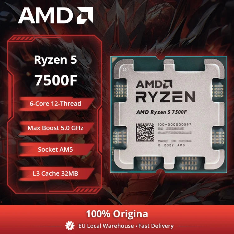 Processore Desktop AMD Ryzen 5 7500F, 6 Core, 5.0GHz, 38MB Cache, Socket AM5 (Dissipatore Non Incluso)