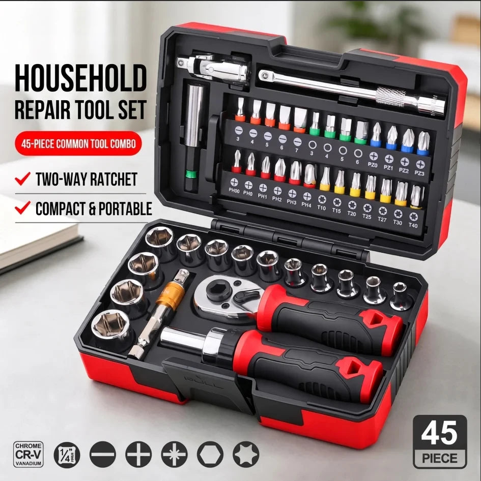 TINSOL Set di 45 Pezzi di Chiavi a Bussola con Cricchetto da 1/4 di Pollice, 72 Denti, CR-V, Punte Magnetiche, Kit di Riparazione per Auto e Casa con Valigetta