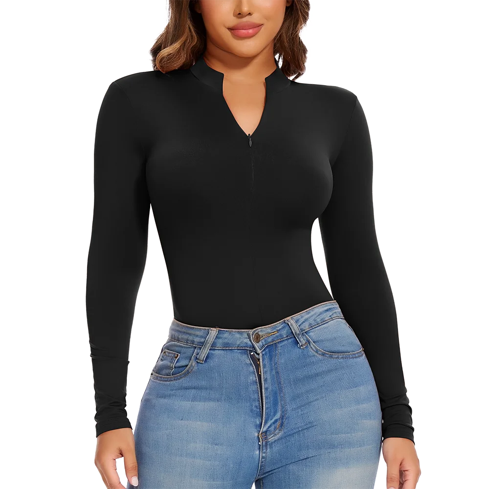 Body con colletto alla coreana con cerniera Donna Manica lunga Spazzolato Abiti invernali con fondo Sexy Streetwear Body Shaper Body pancia piatta