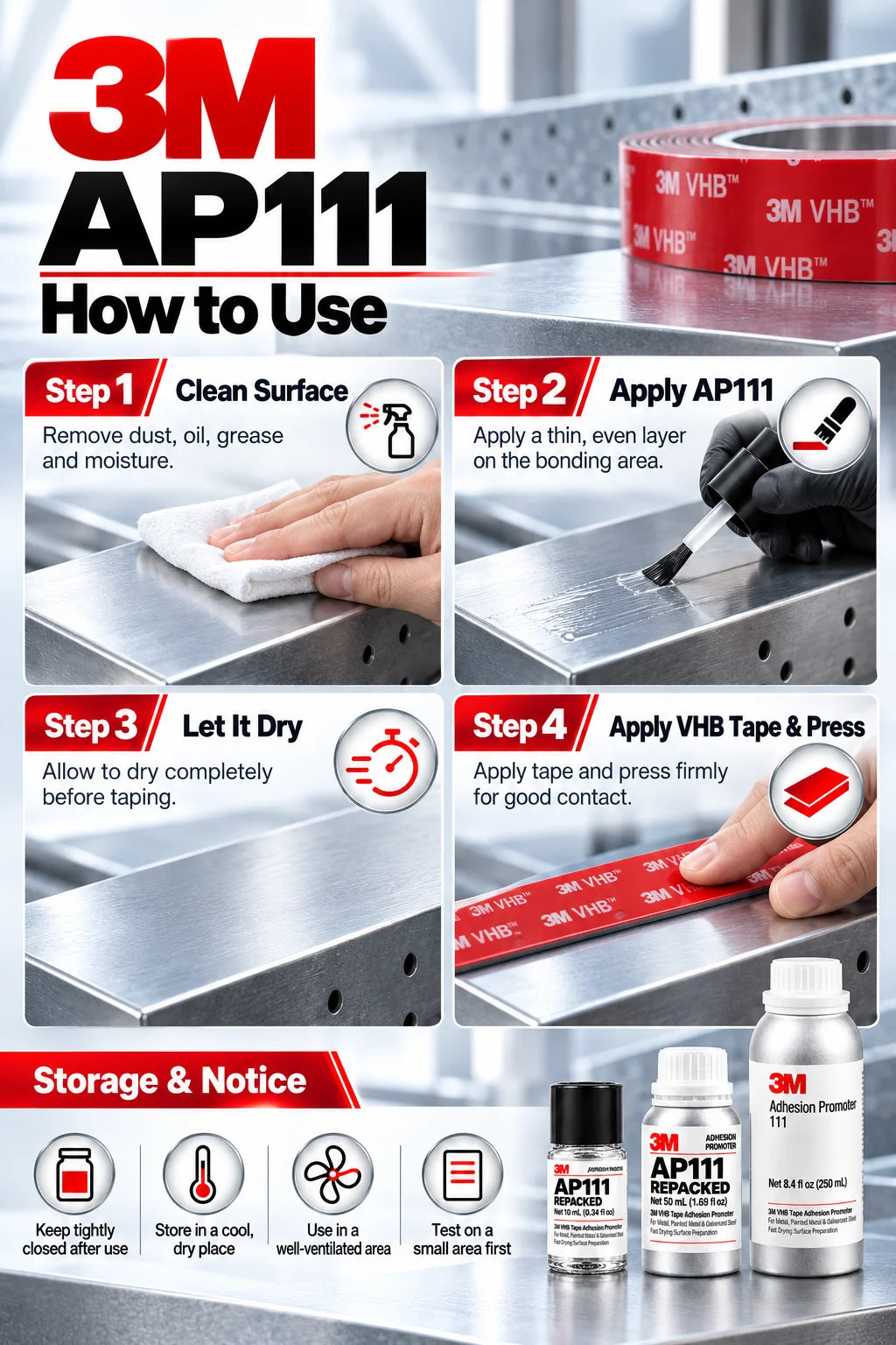 3M AP111 Promotore di Adesione, Primer per Nastro VHB ad Asciugatura Rapida, Preparazione Superficie per Metallo, Acciaio Verniciato e Zincato, Uso Automobilistico, 10ml 50ml