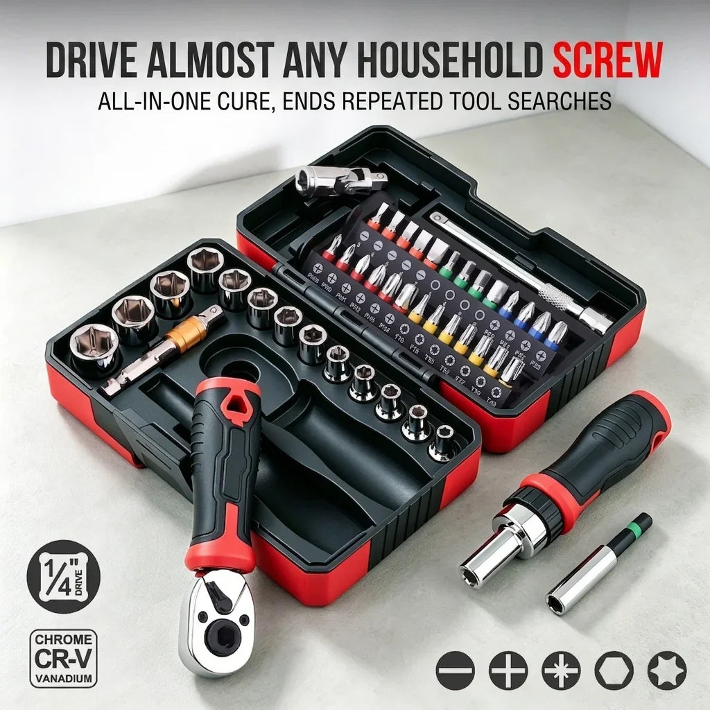 TINSOL Set di 45 Pezzi di Chiavi a Bussola con Cricchetto da 1/4 di Pollice, 72 Denti, CR-V, Punte Magnetiche, Kit di Riparazione per Auto e Casa con Valigetta