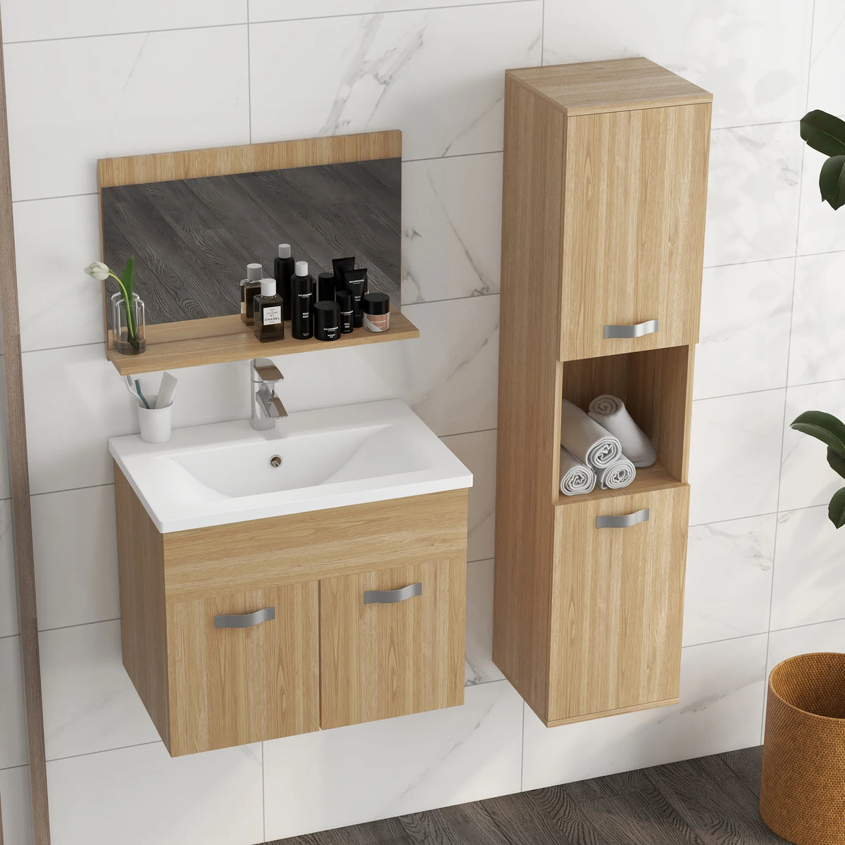 Set da bagno 4 pezzi con mobiletto alto, specchio, lavabo e lavello a parete, finitura naturale