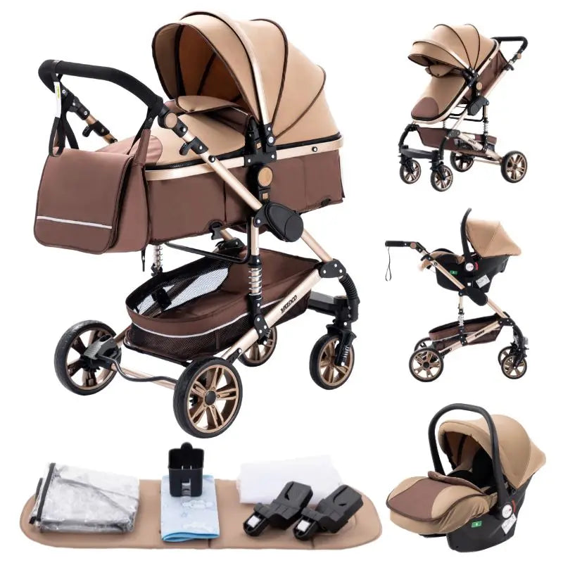 Passeggino 3 in 1 Facile da piegare Telaio in alluminio ad alto paesaggio Passeggino neonato con ruota in gomma per assorbimento degli urti a quattro ruote