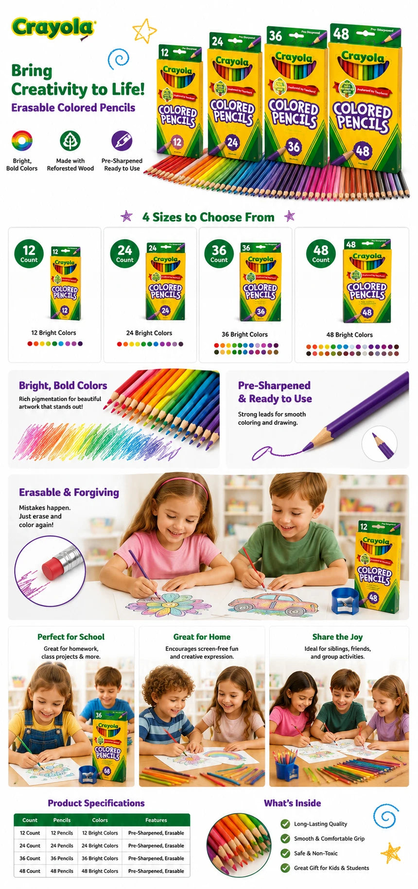 Matite Colorate Cancellabili Crayola, Pre-Affilate, Colori Vivaci, con Gomma, per Bambini e Forniture Artistiche Scolastiche
