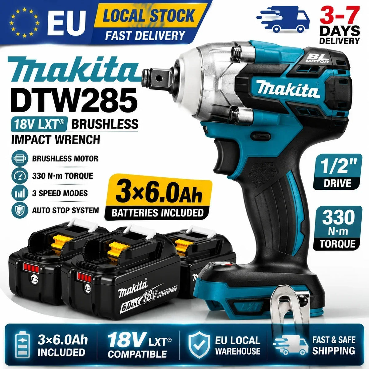 Makita DTW285 Avvitatore a Impulsi 18V 320N·m Senza Spazzole Senza Fili + Batteria 6.0Ah Utensile Elettrico ad Alta Coppia Disponibilità EU Spedizione 1-3 Giorni