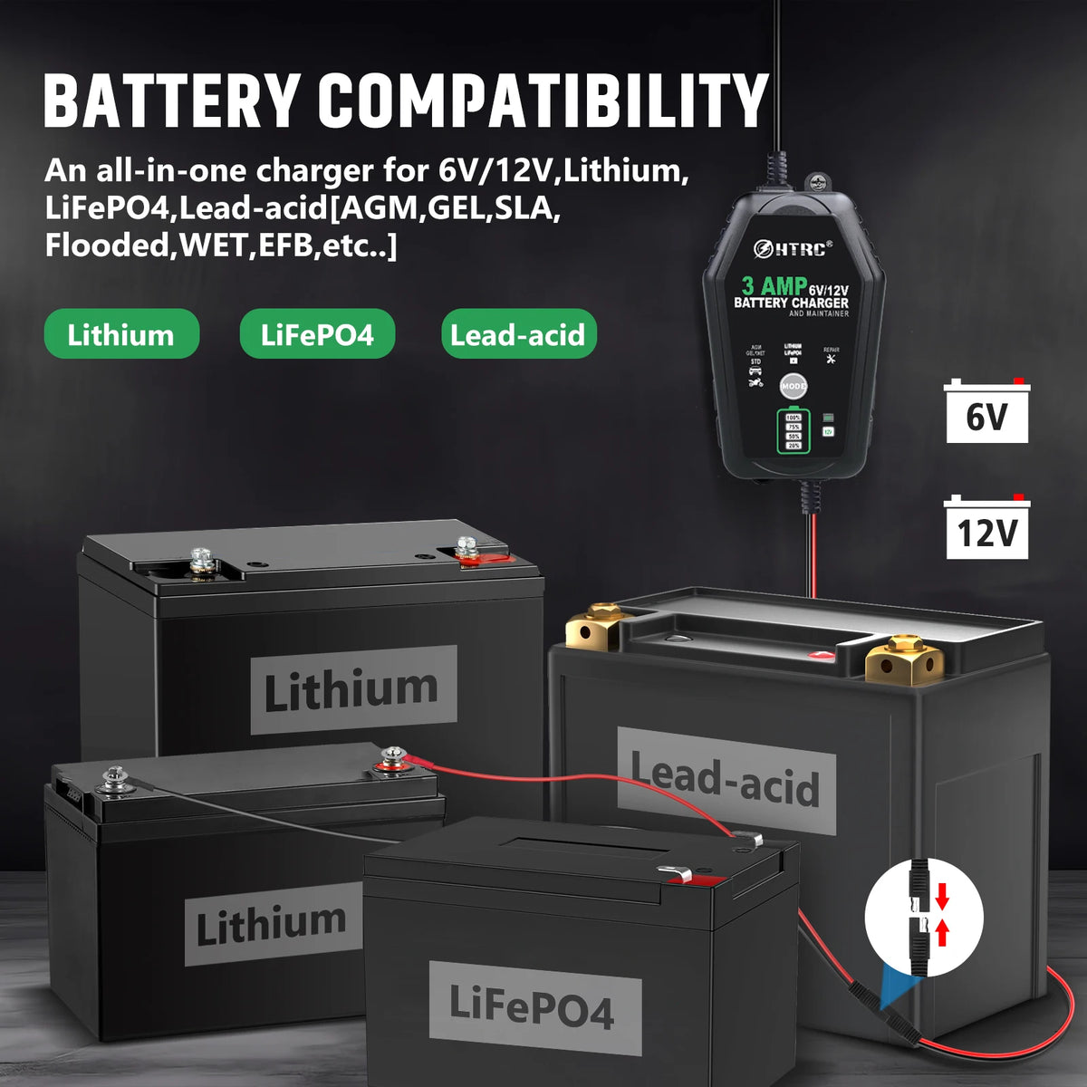 Caricabatterie Intelligente HTRC 6V 12V 3000mA Automatico per Batterie al Litio LiFePO4, Piombo-Acido, AGM, GEL, per Auto e Moto