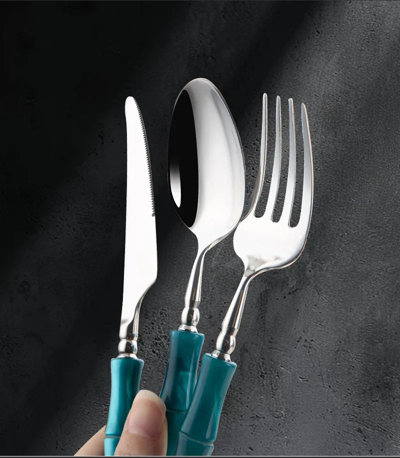 Nuovi posate in resina stile bambù 18/10 in acciaio inossidabile 304 posate classiche set di stoviglie argento blu verde crema trasporto di goccia