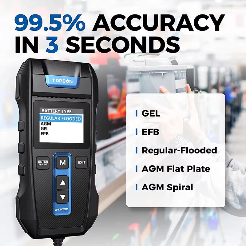 TOPDON BT300P Tester per Batterie Auto 12V 24V, Tester di Carico Automobilistico 100-2000 CCA con Stampante Integrata, Strumento Diagnostico per Sistema di Avviamento e Ricarica, Analizzatore per Batterie AGM, Gel, EFB e a Pi