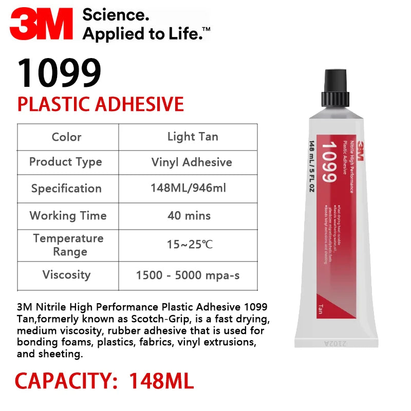 Adesivo Originale 3M 1099 in Nitrile, Colla Resistente ad Asciugatura Rapida per Vinile, Pelle, Gomma, Riparazioni Auto, 148ML